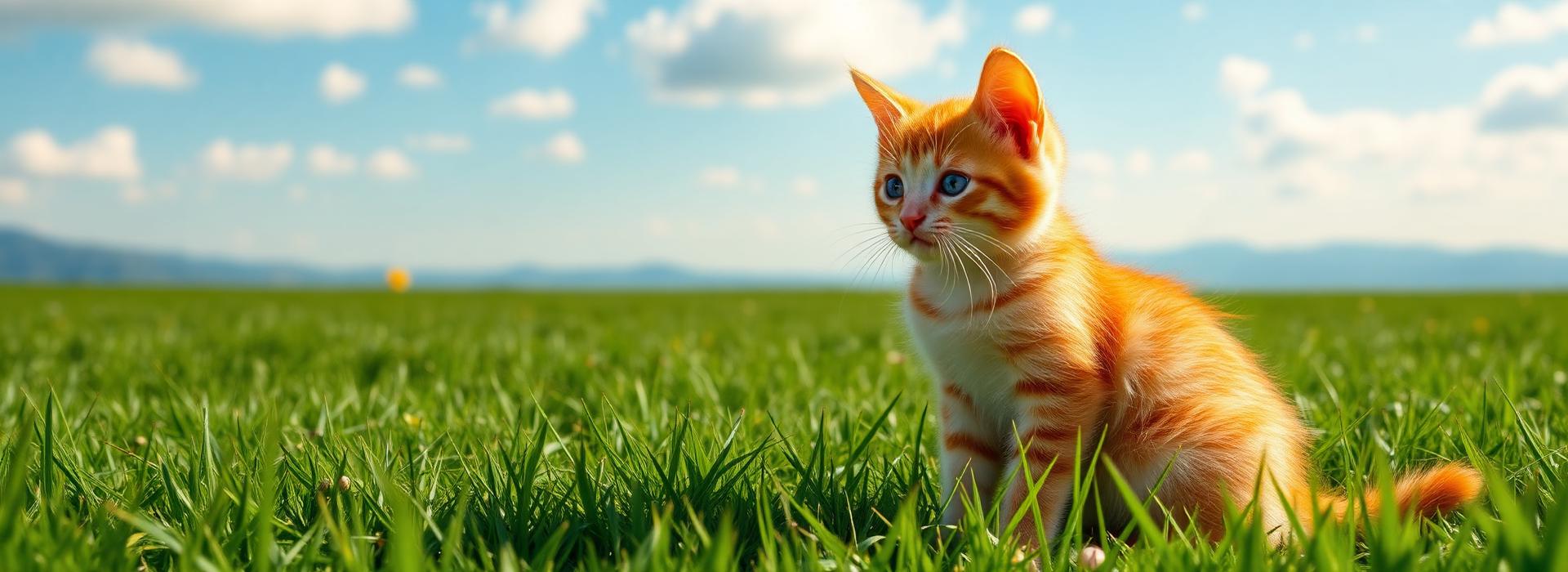 Kitten sitting in a sunny green meadow